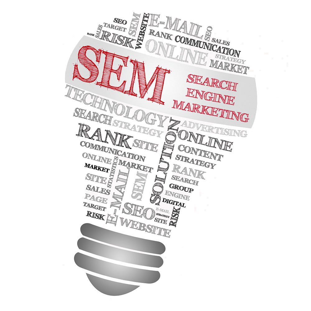 A light bulb that shows SEM - Search Engine Marketing pieces of the puzzle.